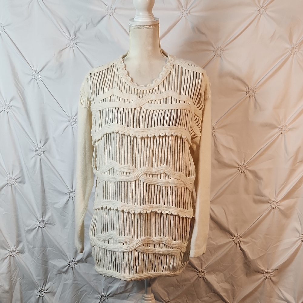 Nina Austin Lambs Wool Angora Textured Open-Knit Cream Sweater